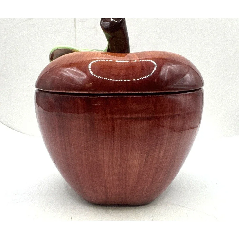 Vintage Red Apple Cookie Canister Jam Jar w/ Serving Utensil Opening
